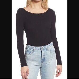 Nordstrom Socialite Black Ribbed Knit Long Sleeve Top Bodysuit Lace Trim M NWT